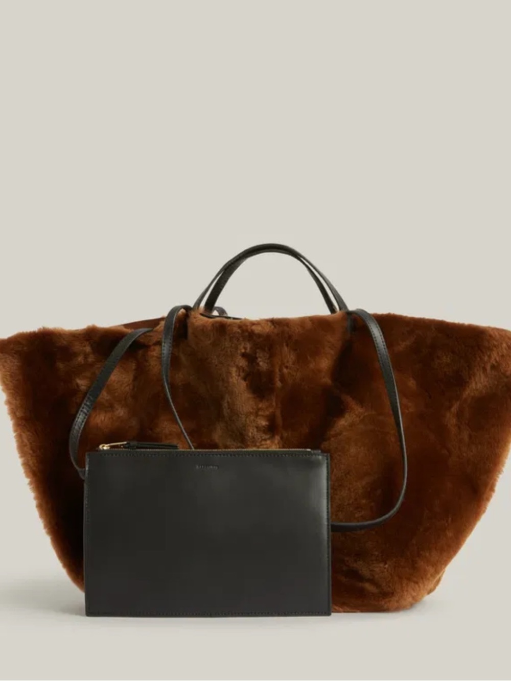 Like New - All Saints Hannah Shearling Tote Bag Faux Fur Brown with Black Straps - Picture 4 of 8